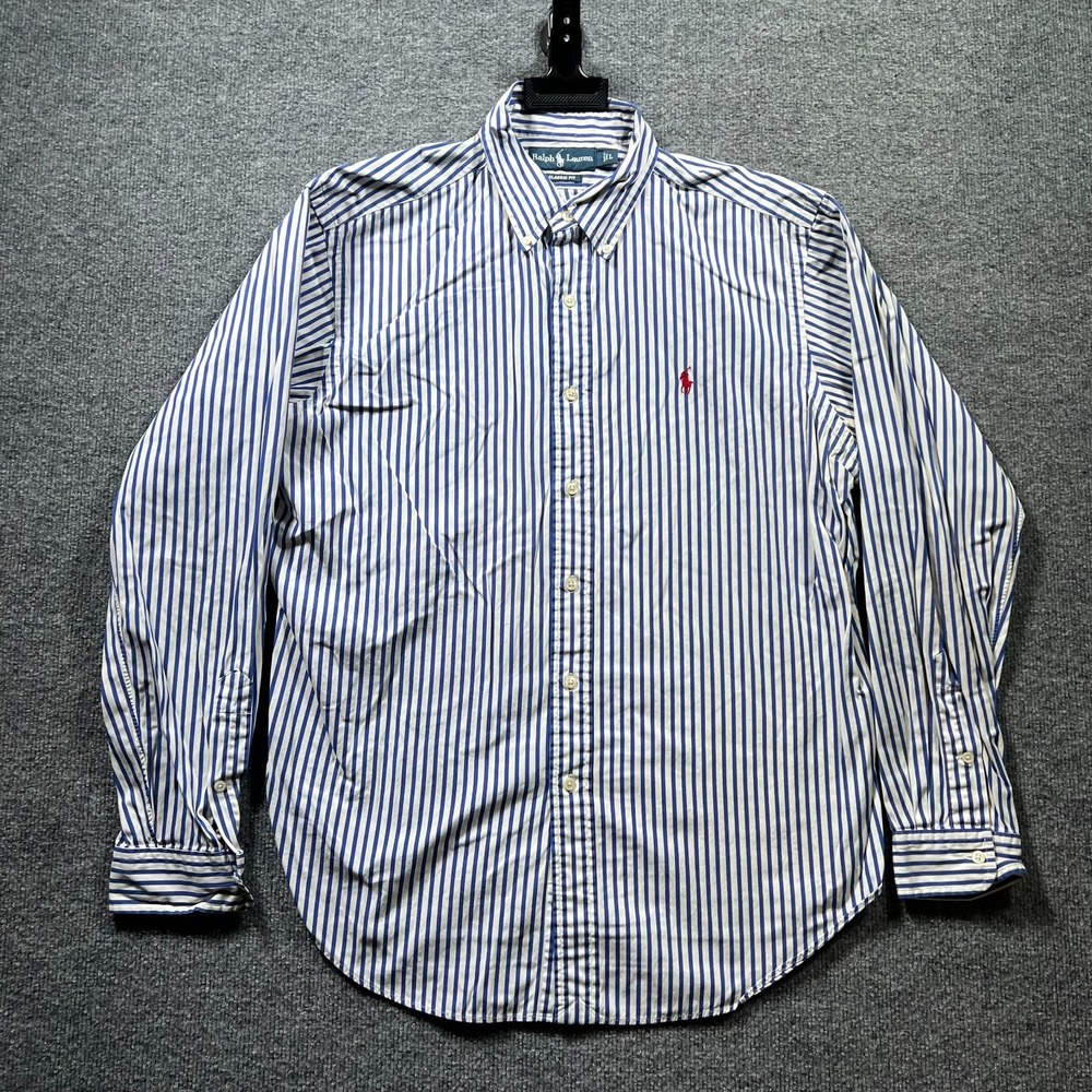 Polo Ralph Lauren Shirt Men's Large Blue White Striped Classic Fit Button Front